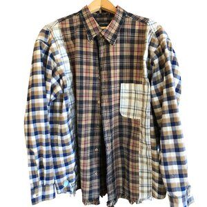 Mixed Print Button-Down Shirt, M-L: Upcycled Boho Patchwork Top, Autumn Colors